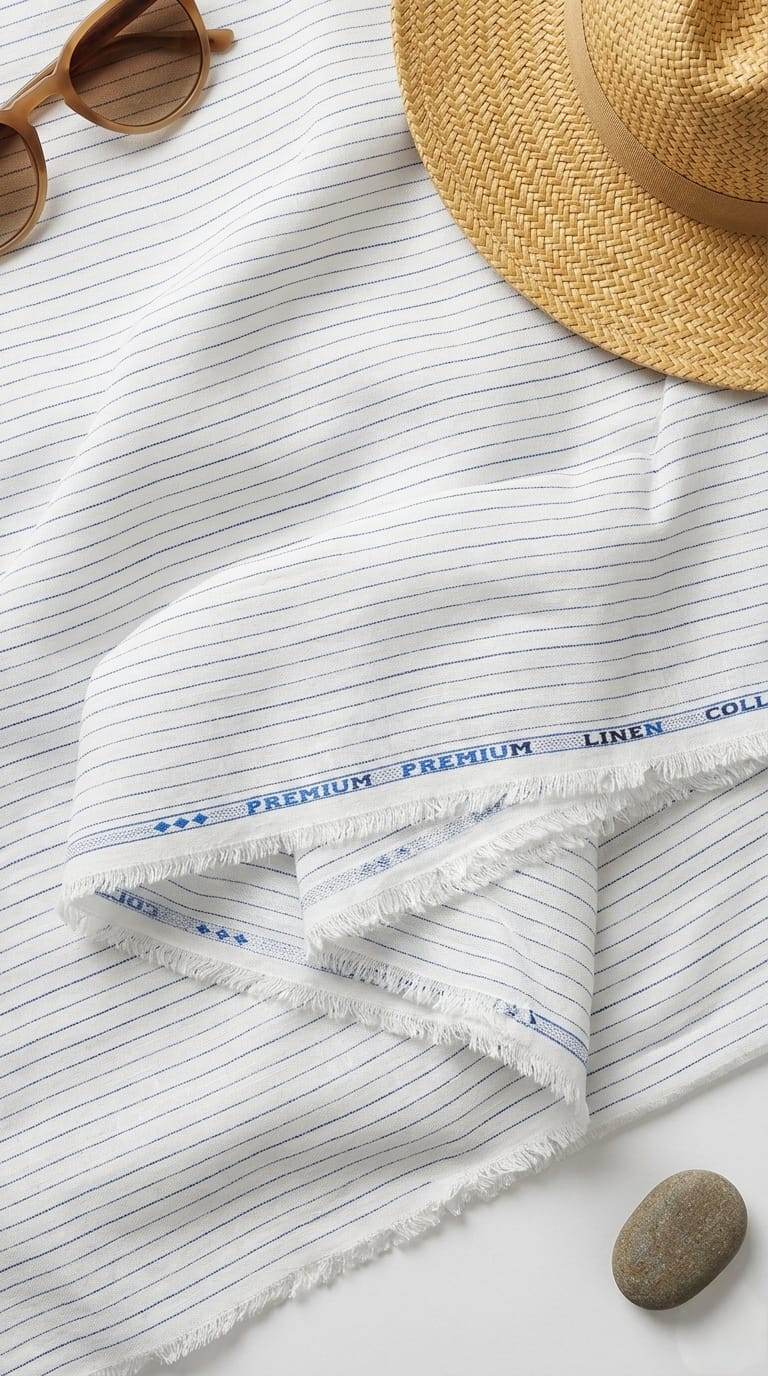 Premium White & Blue Pinstripe Cotton Linen Fabric