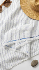 Premium White & Blue Pinstripe Cotton Linen Fabric