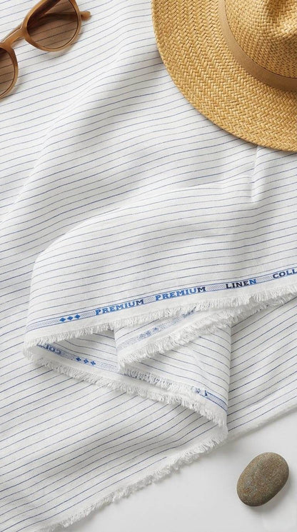 Premium White & Blue Pinstripe Cotton Linen Fabric