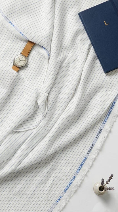 Premium White & Blue Pinstripe Cotton Linen Fabric