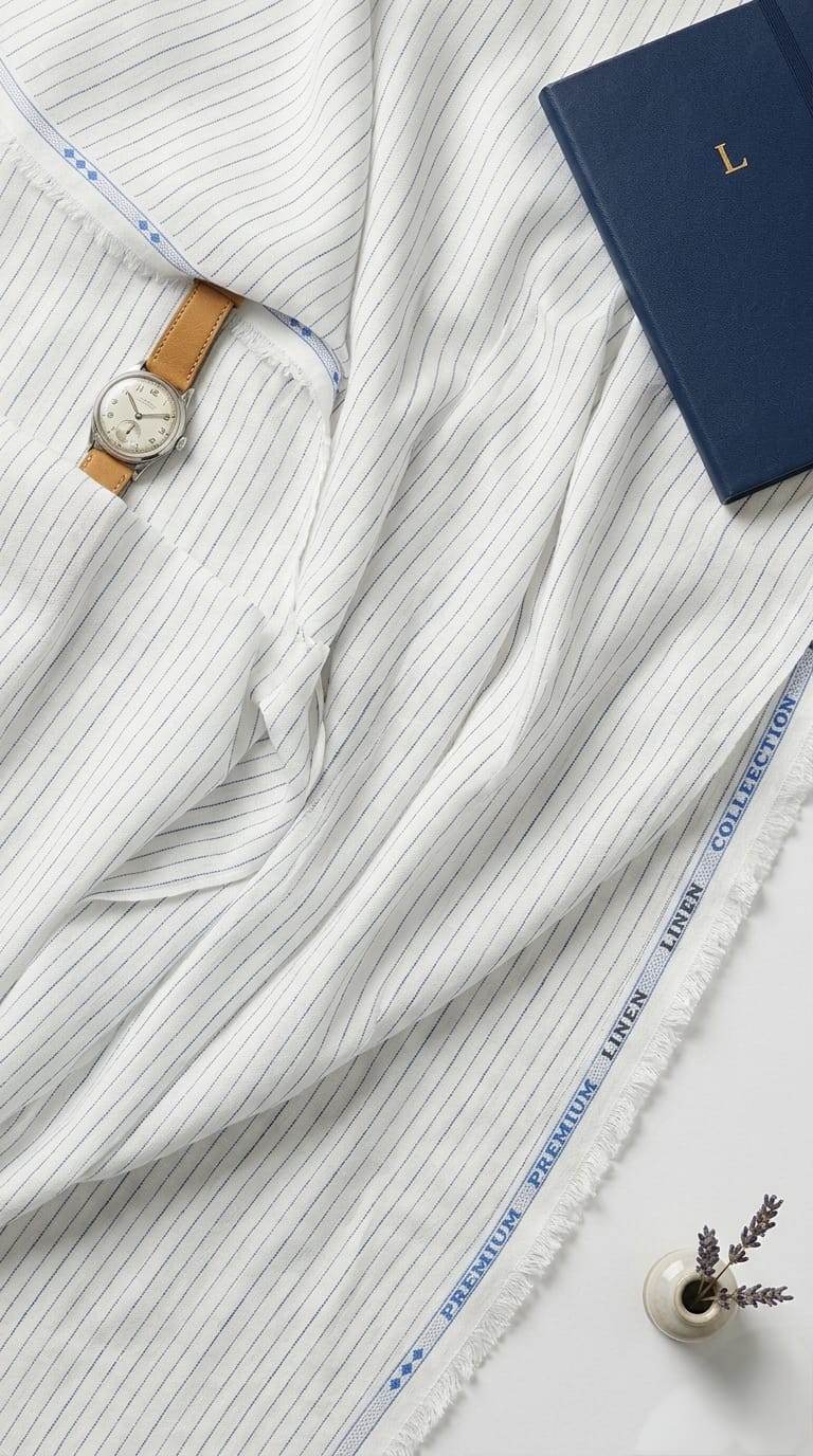Premium White & Blue Pinstripe Cotton Linen Fabric