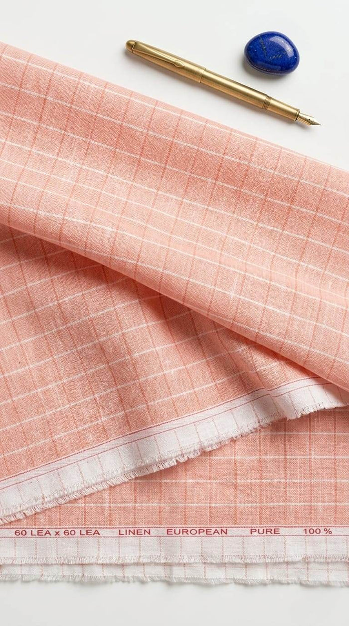 Soft Peach subtle white lines 100% Pure Linen Fabric  (0%Cotton)