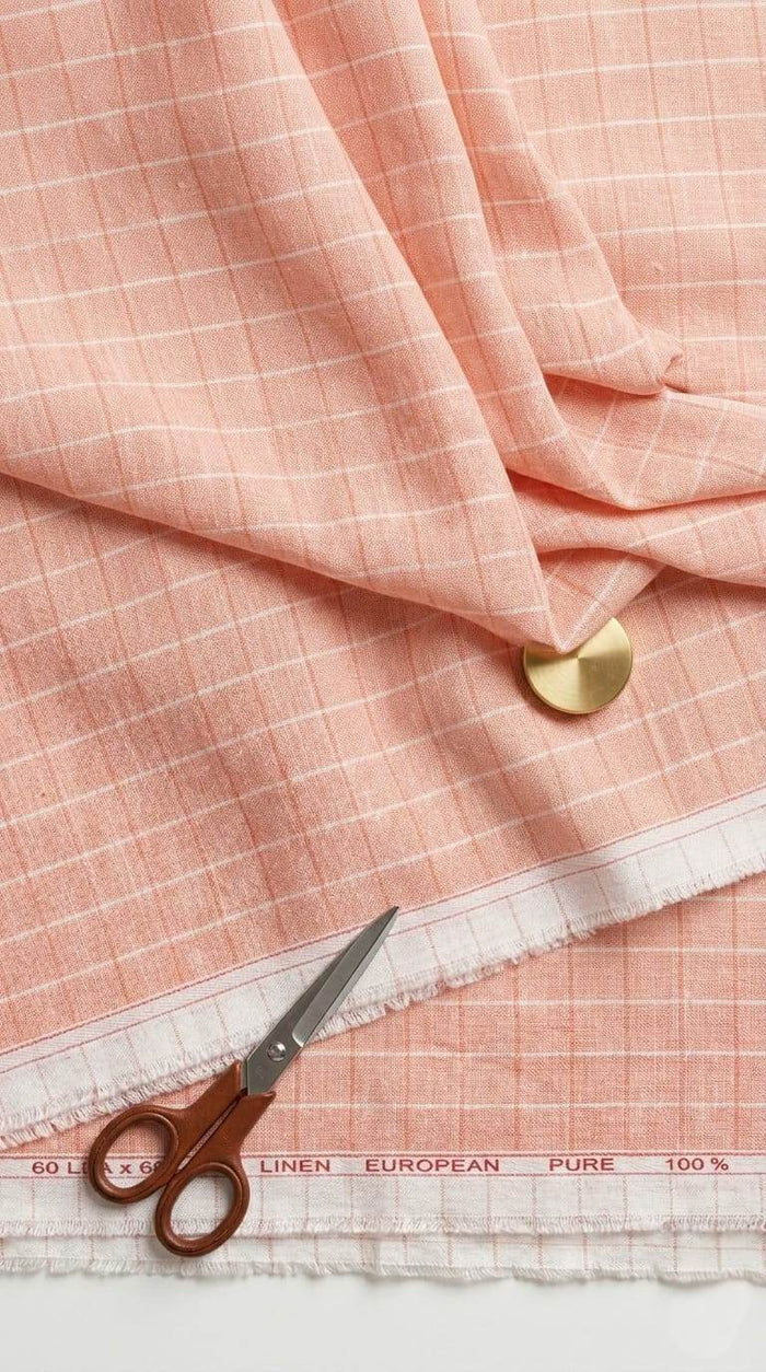 Soft Peach subtle white lines 100% Pure Linen Fabric  (0%Cotton)