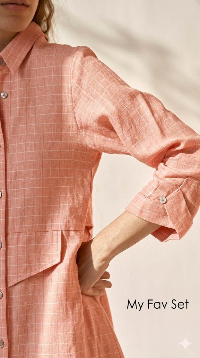 Soft Peach subtle white lines 100% Pure Linen Fabric  (0%Cotton)