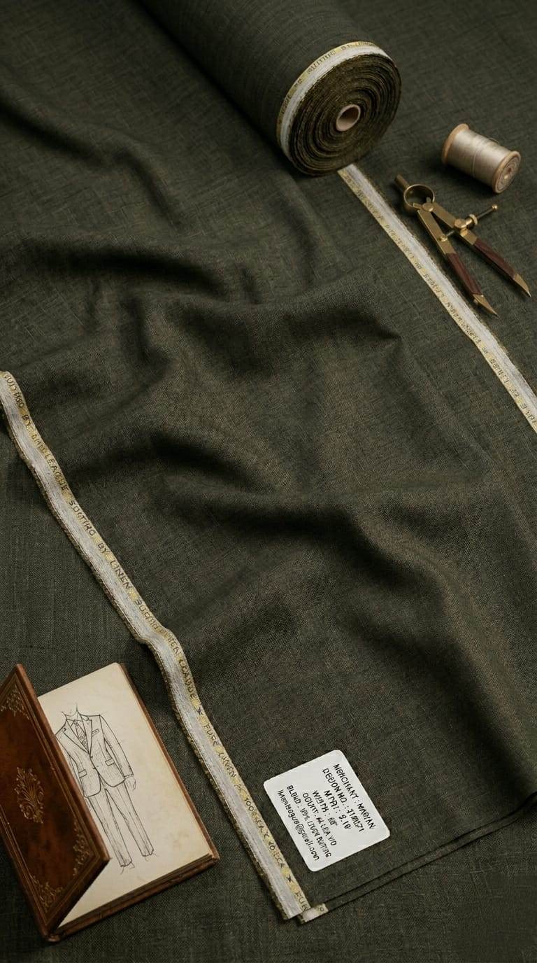 Earthy Olive Green Pure 100% Pure Linen Fabric for Blazers, Jackets and Pants (44 lea) (0% Cotton)