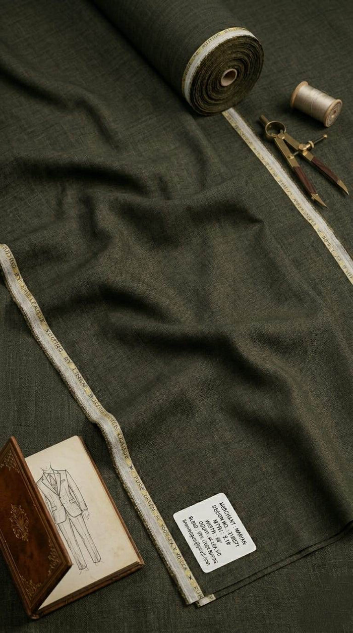 Earthy Olive Green Pure 100% Pure Linen Fabric for Blazers, Jackets and Pants (44 lea) (0% Cotton)
