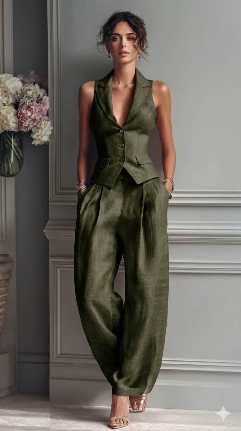 Earthy Olive Green Pure 100% Pure Linen Fabric for Blazers, Jackets and Pants (44 lea) (0% Cotton)