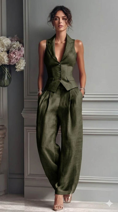 Earthy Olive Green Pure 100% Pure Linen Fabric for Blazers, Jackets and Pants (44 lea) (0% Cotton)