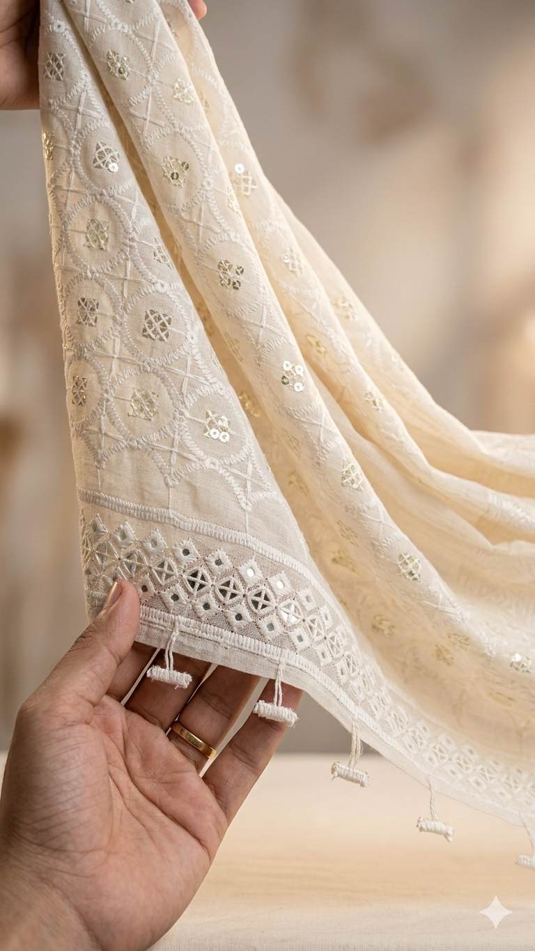 Dyeable cambric cotton with Matt Finish Schiffli work Fabric