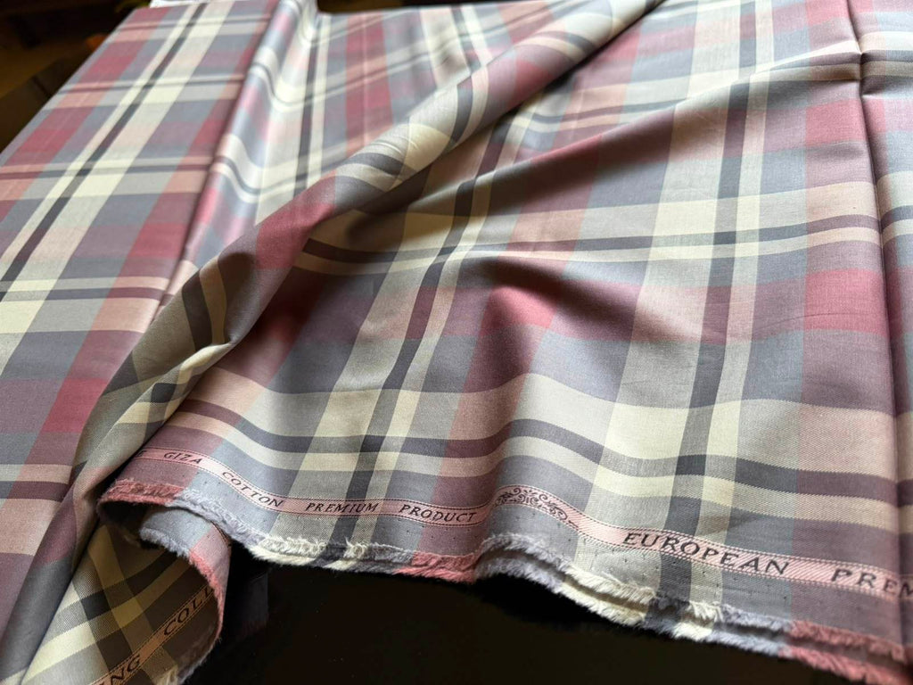 Premium Giza Cotton Plaid Shirt Fabric - Muted Plum & Grey
