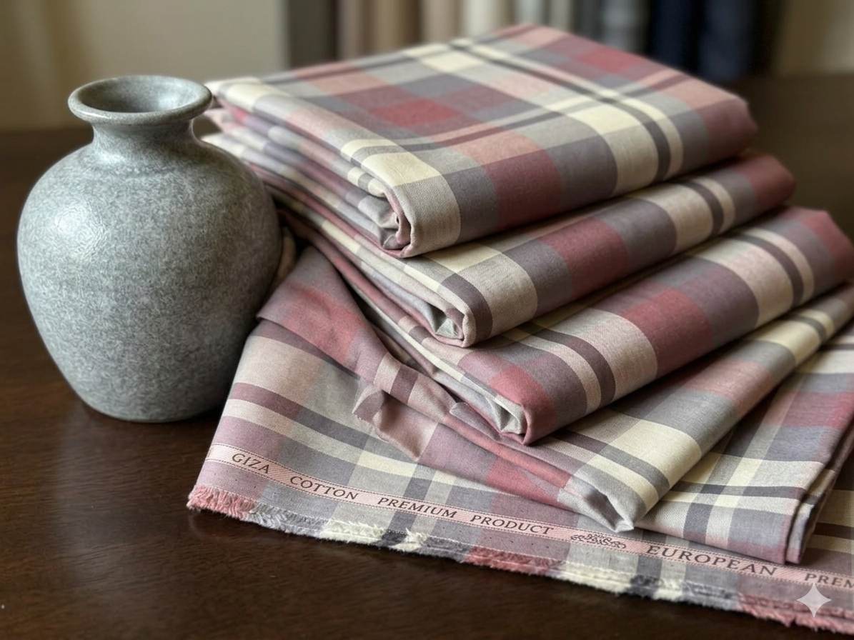 Premium Giza Cotton Plaid Shirt Fabric - Muted Plum & Grey