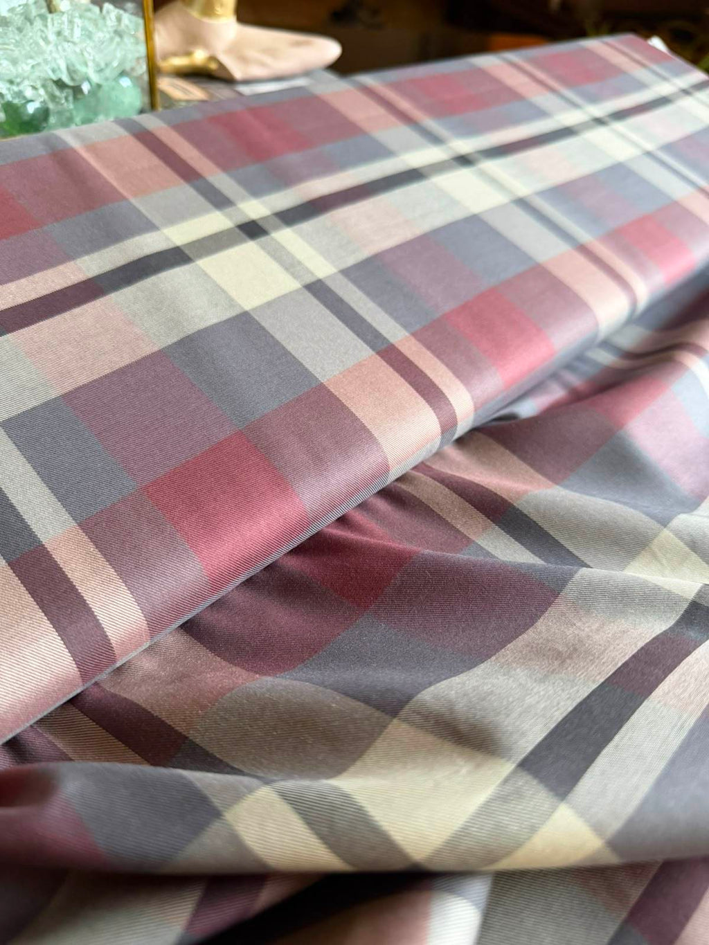 Premium Giza Cotton Plaid Shirt Fabric - Muted Plum & Grey
