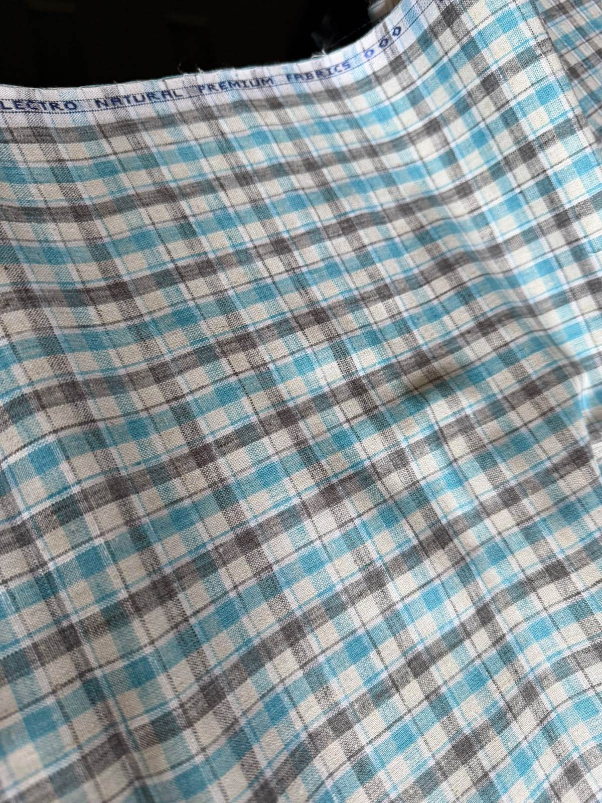 Premium 60 Lea Turquoise & Grey Plaid Cotton-Linen Blend Fabric