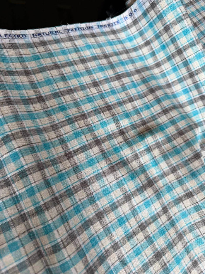 Premium 60 Lea Turquoise & Grey Plaid Cotton-Linen Blend Fabric
