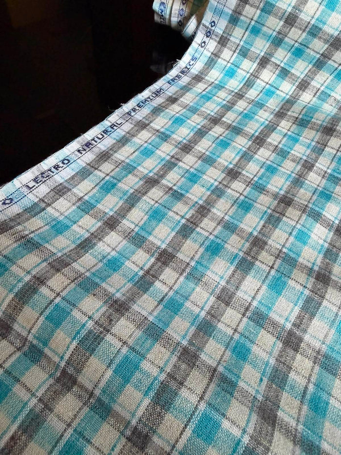 Premium 60 Lea Turquoise & Grey Plaid Cotton-Linen Blend Fabric