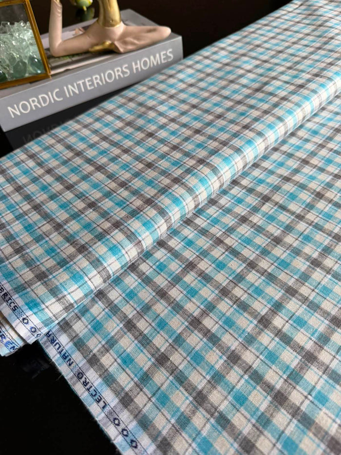 Premium 60 Lea Turquoise & Grey Plaid Cotton-Linen Blend Fabric