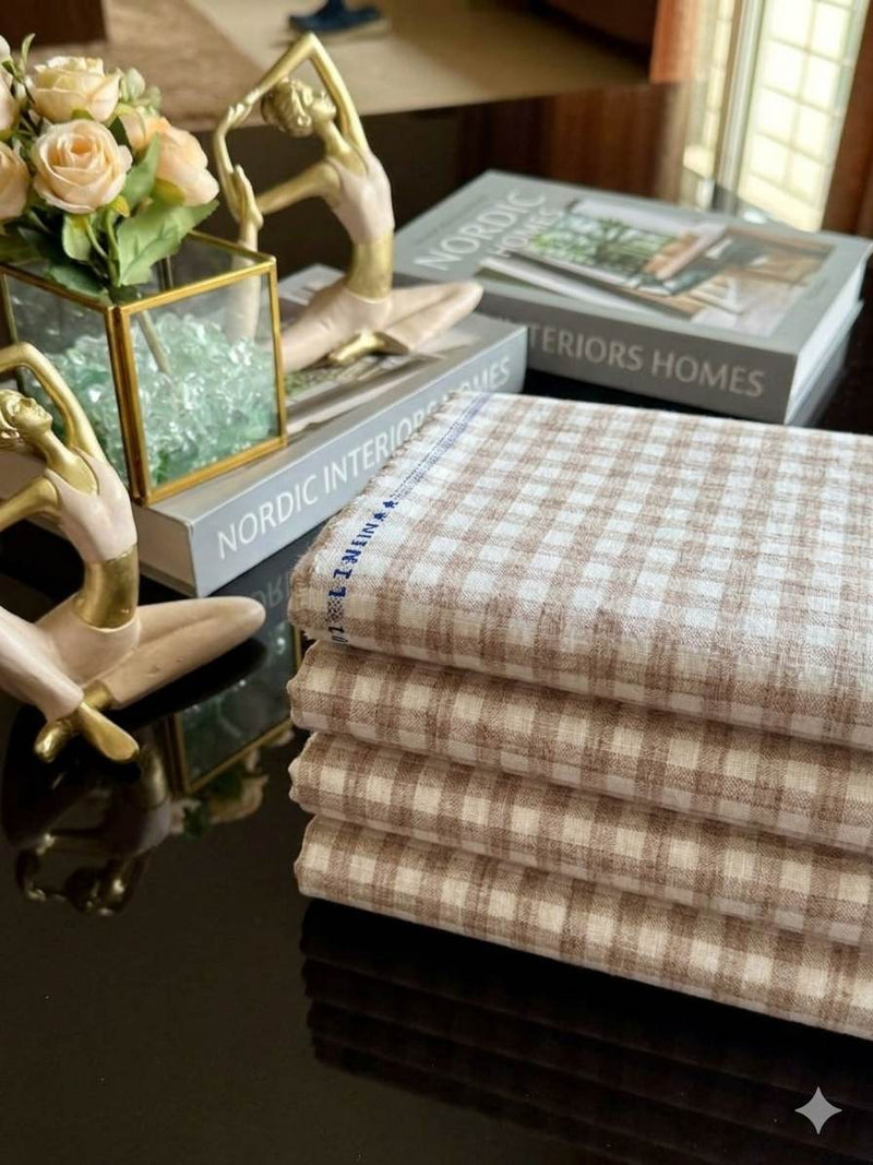 Warm Earthy Beige and White Gingham check 60 lea Pure cotton Linen fabric