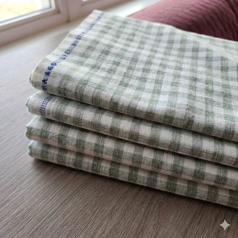 Soft sage-green and white gingham check 60 Lea Cotton Linen Fabric