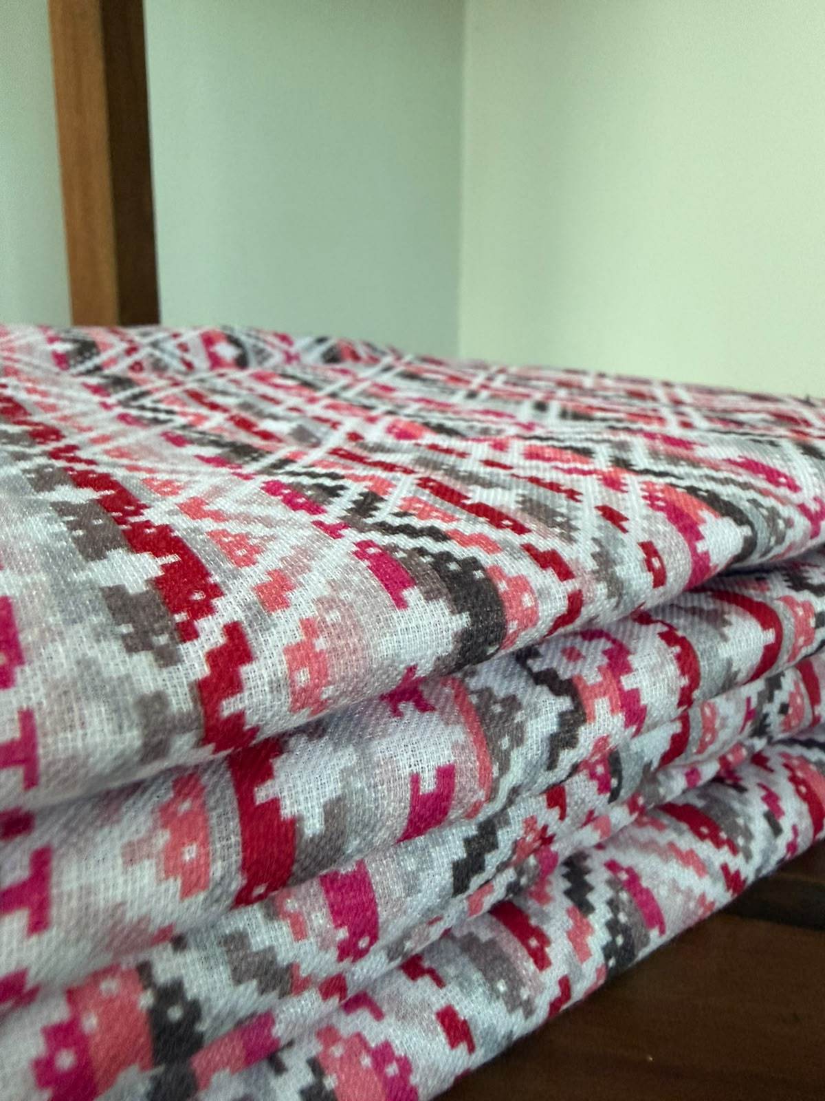 Hot Pink, Muted Grey,Black & White Geometric Motif Poly Linen Digital printed Fabric