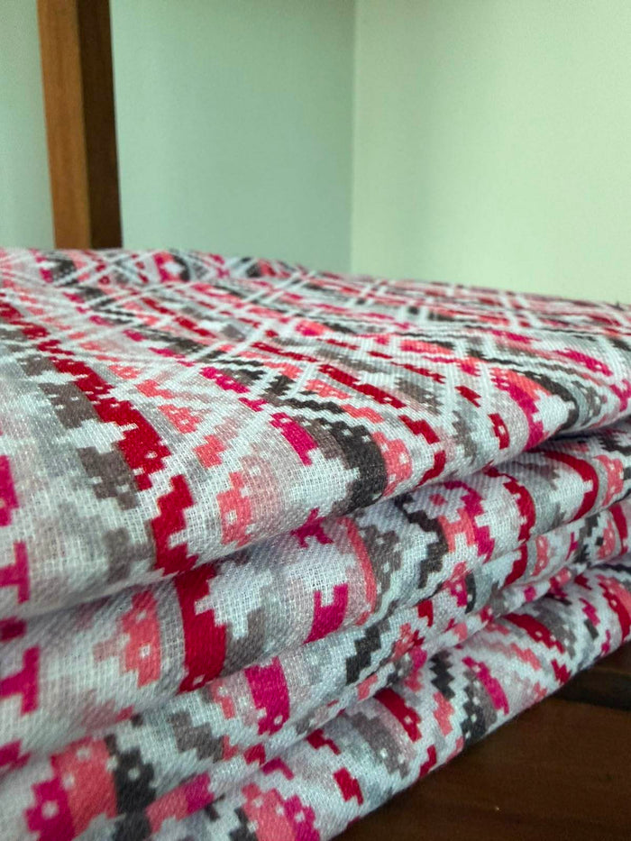 Hot Pink, Muted Grey,Black & White Geometric Motif Poly Linen Digital printed Fabric