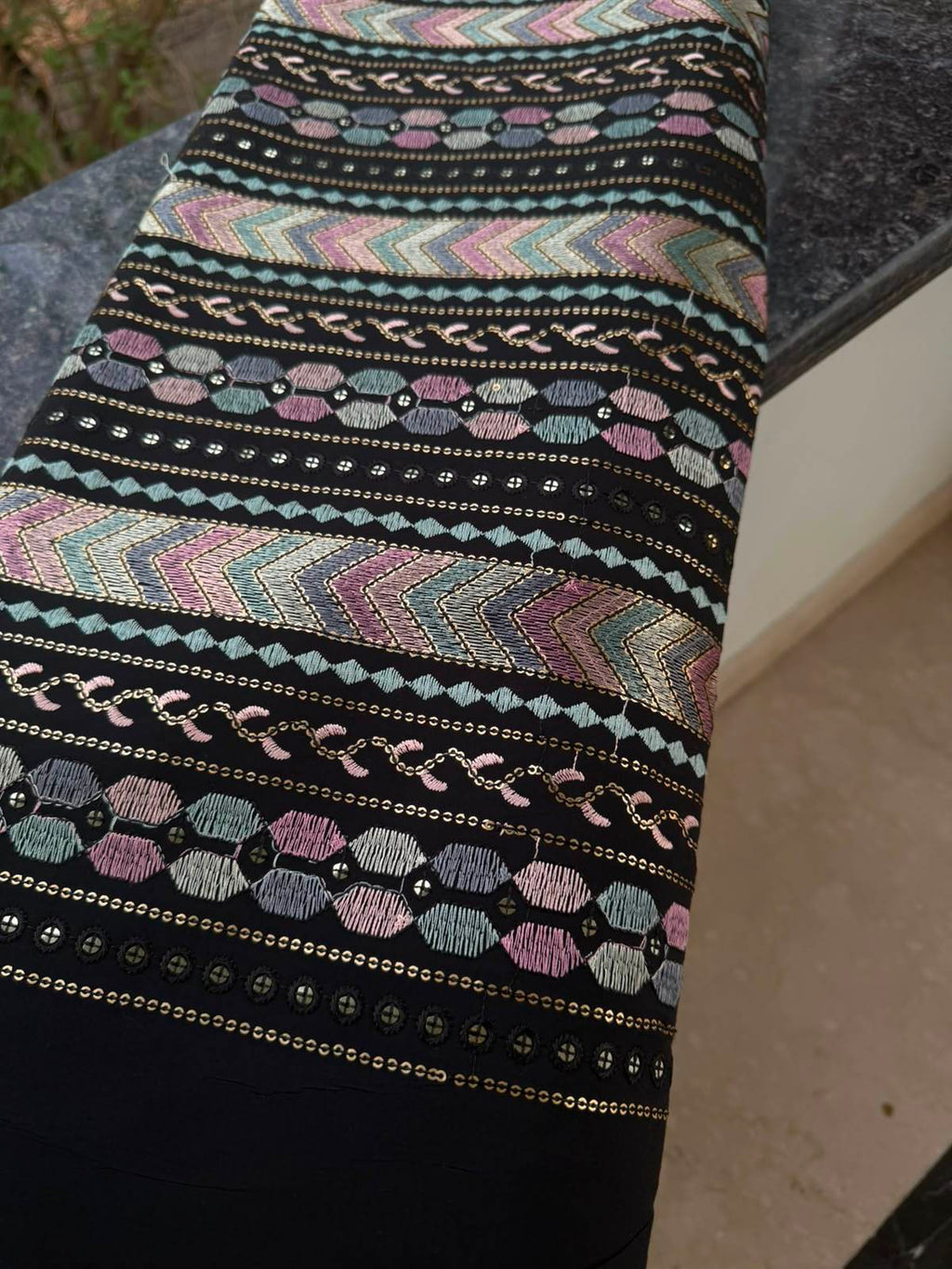 Midnight Black Geometric Chevron Embroidered Fabric(Big Width)