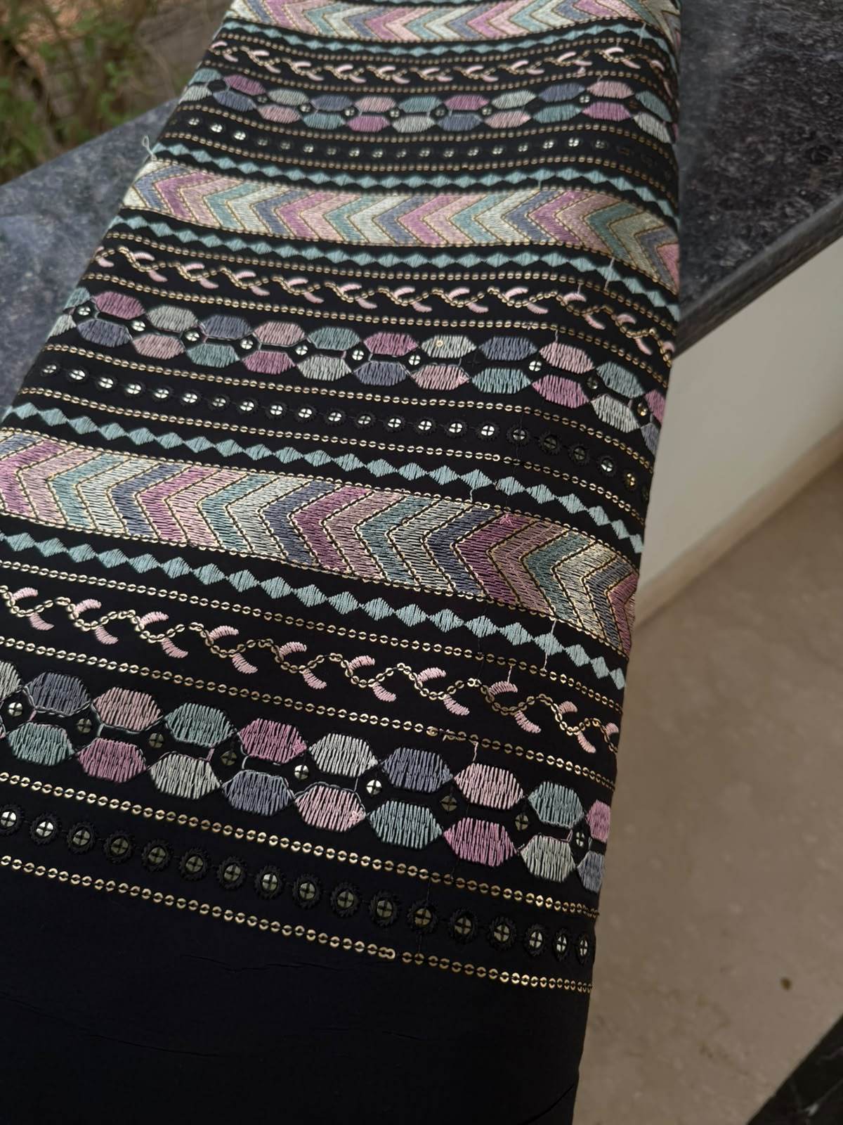 Midnight Black Geometric Chevron Embroidered Fabric(Big Width)