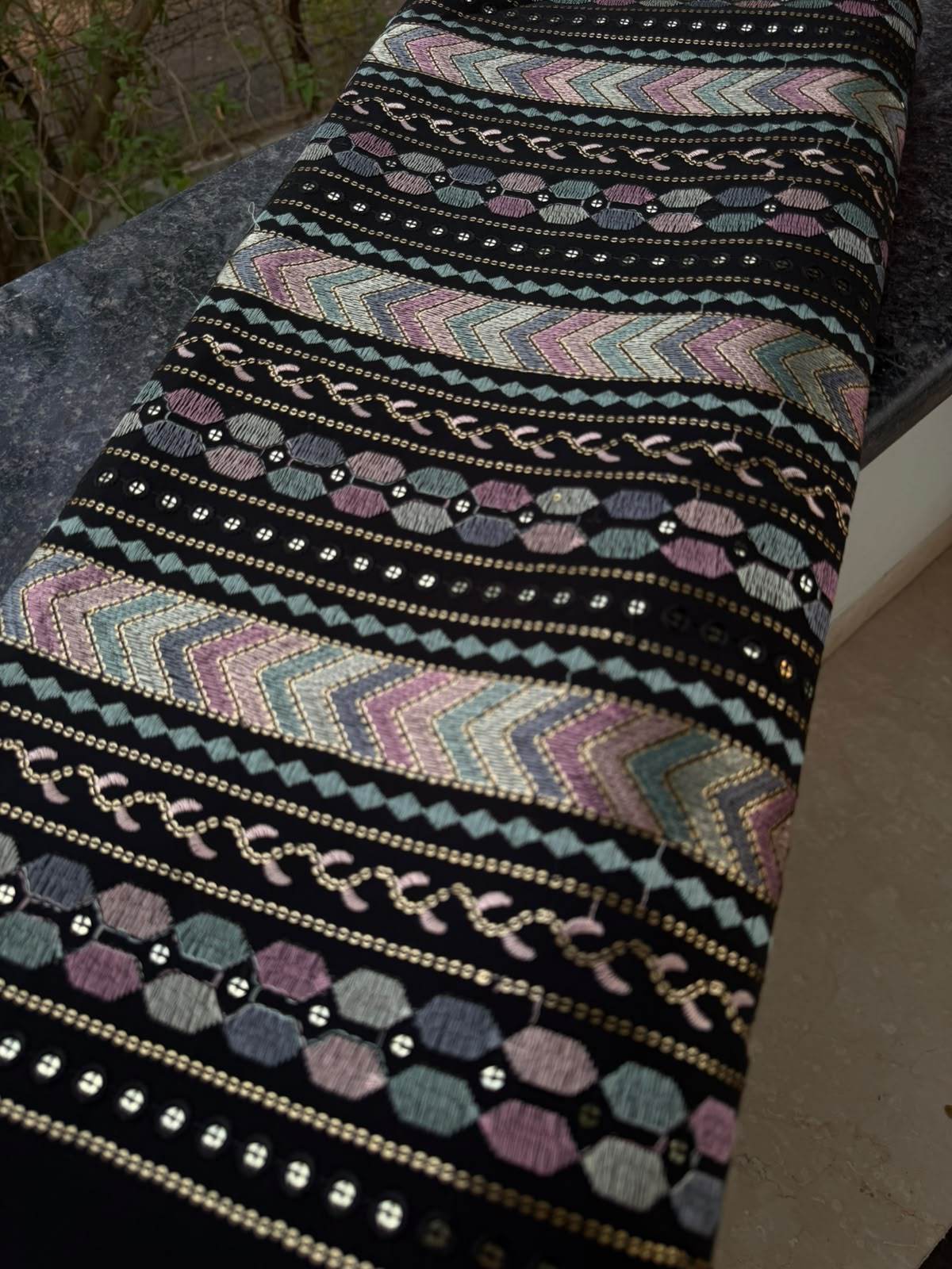 Midnight Black Geometric Chevron Embroidered Fabric(Big Width)