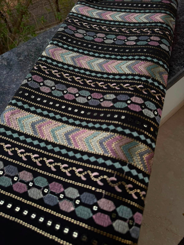 Midnight Black Geometric Chevron Embroidered Fabric(Big Width)