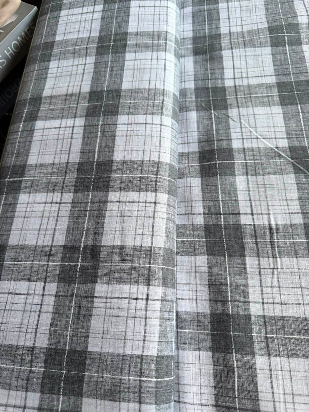 Grey & White plaid pattern premium cotton Linen fabric