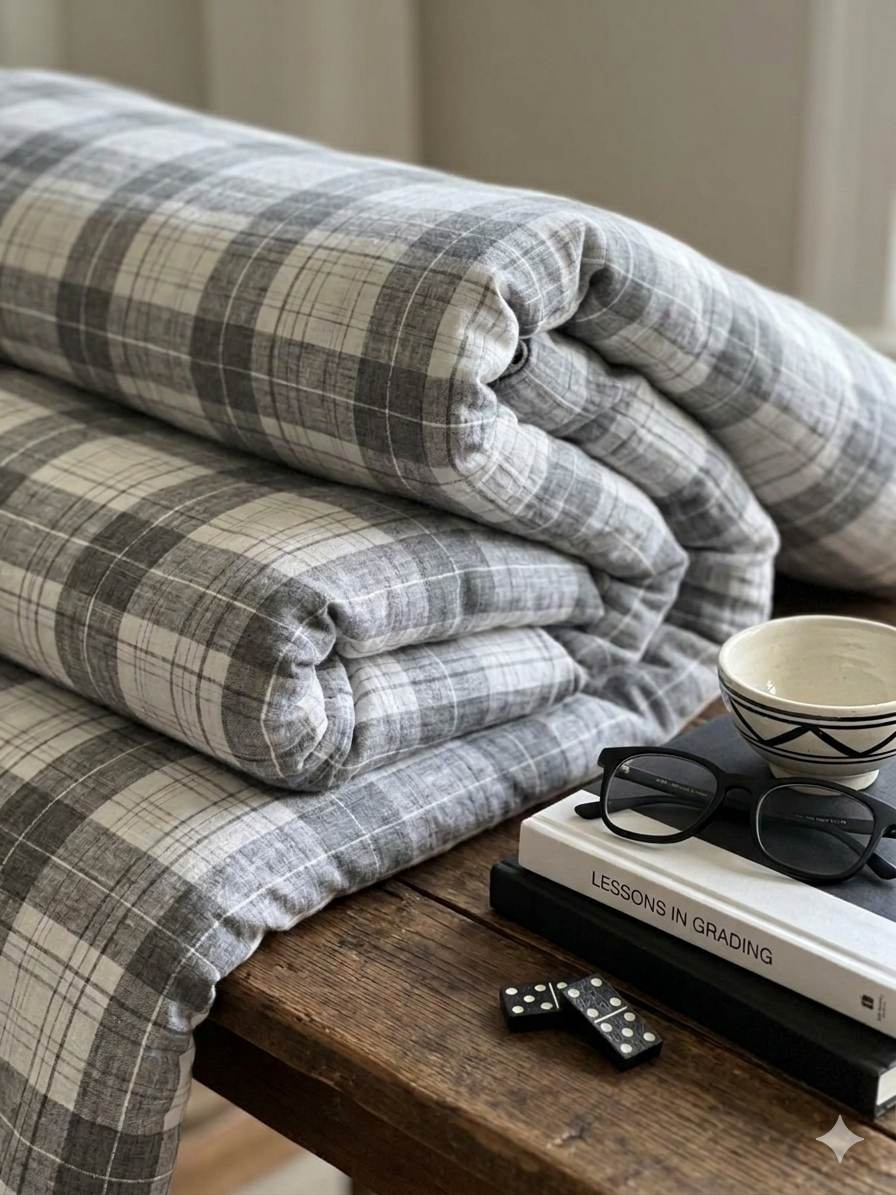 Grey & White plaid pattern premium cotton Linen fabric