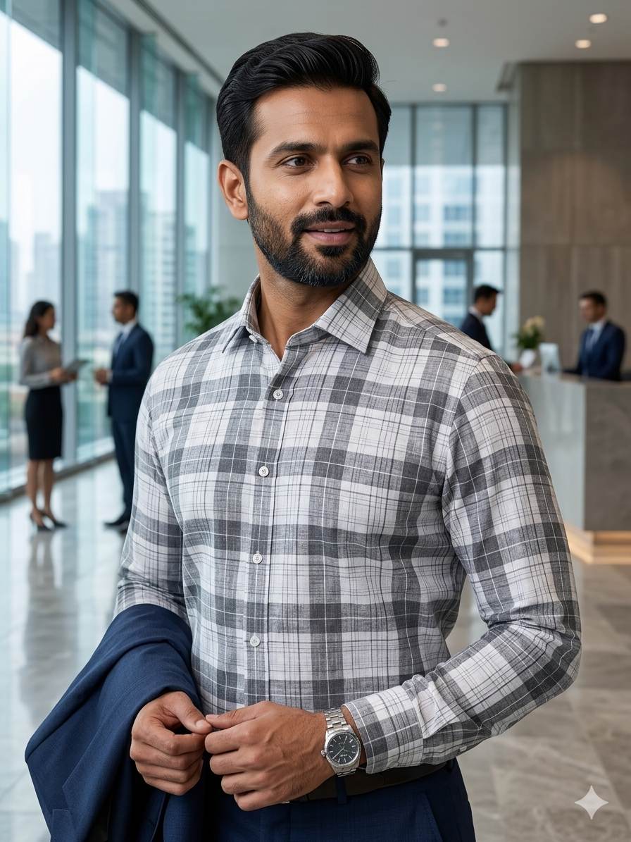 Grey & White plaid pattern premium cotton Linen fabric