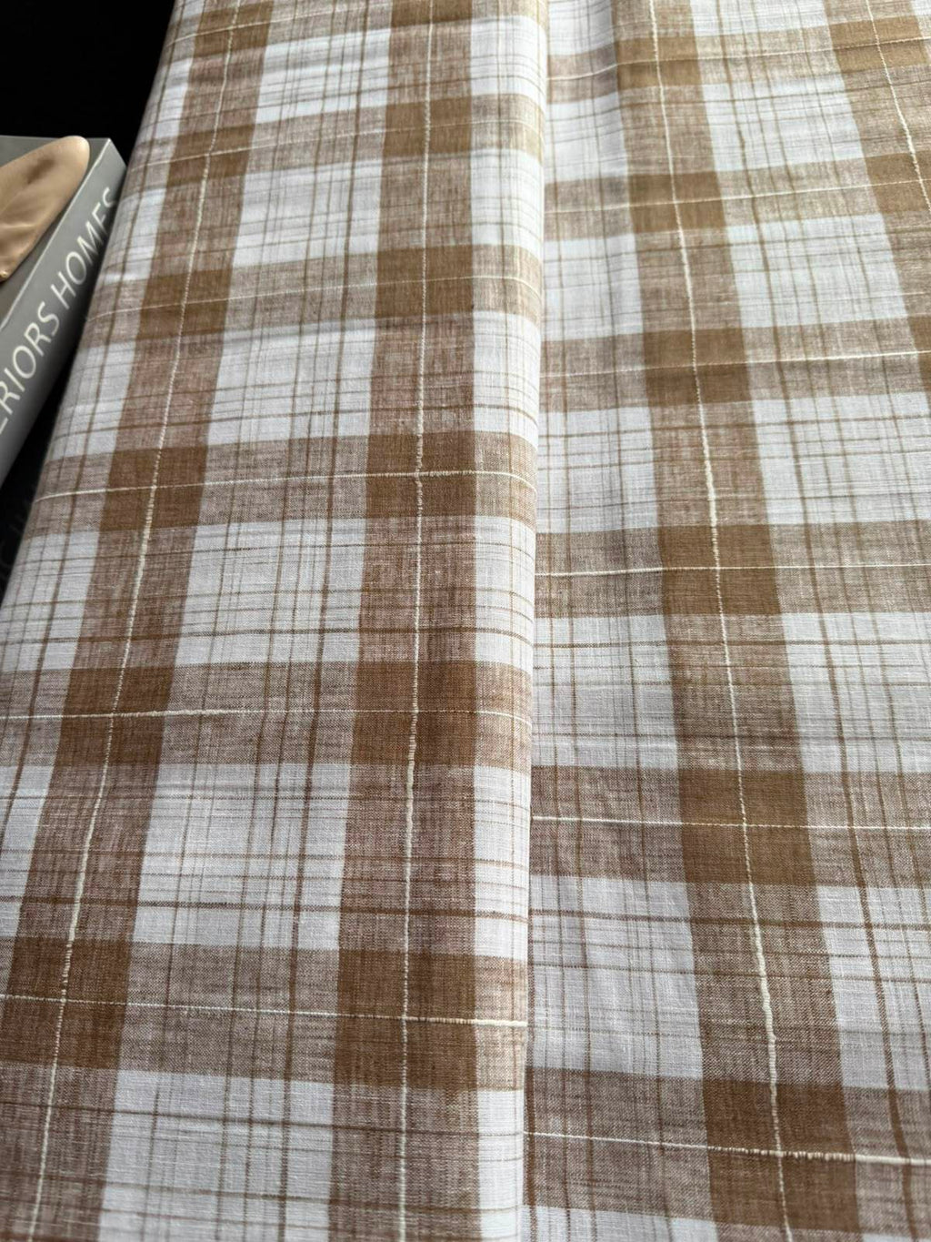 Earthy Browm & White plaid pattern premium cotton Linen fabric