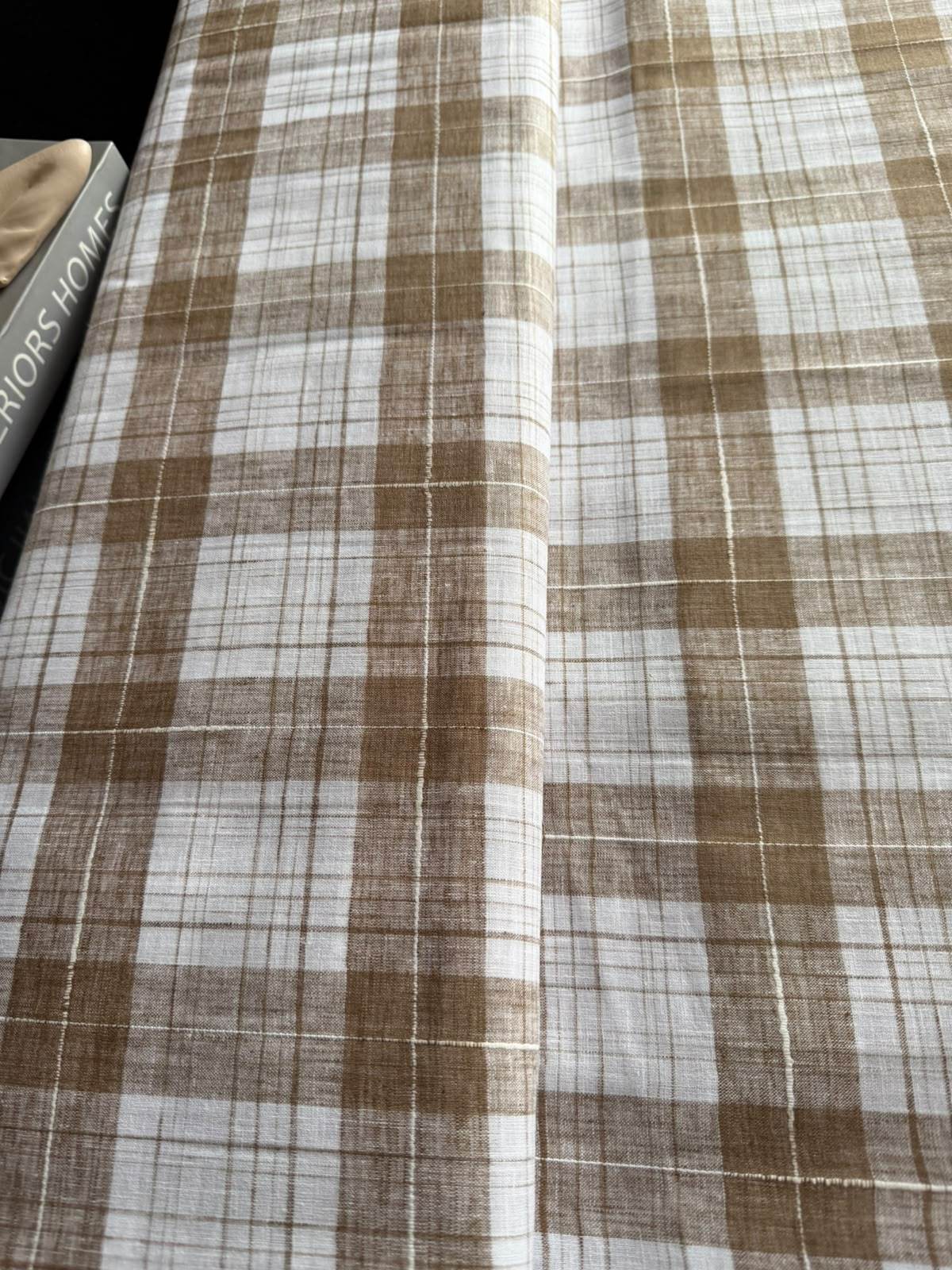 Earthy Browm & White plaid pattern premium cotton Linen fabric