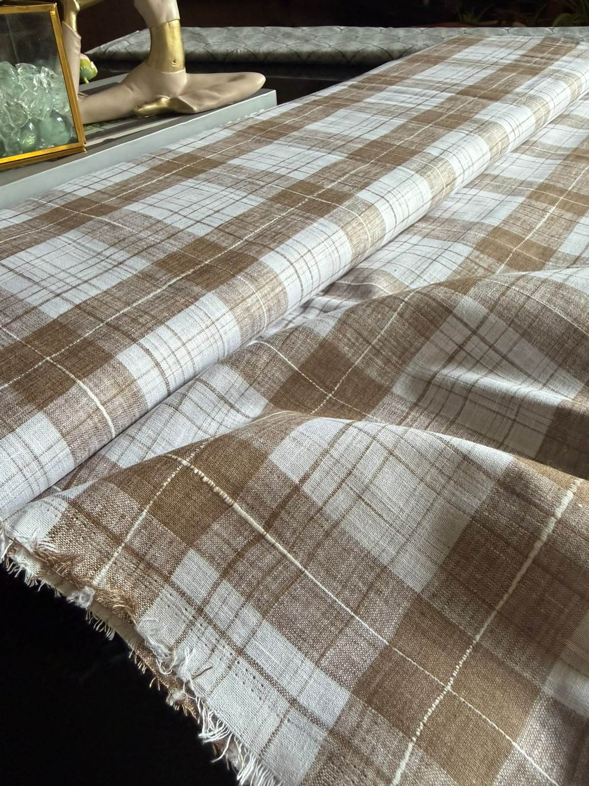 Earthy Browm & White plaid pattern premium cotton Linen fabric