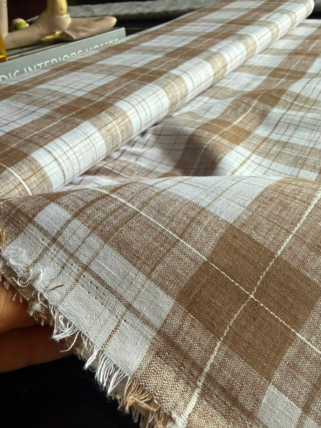 Earthy Browm & White plaid pattern premium cotton Linen fabric