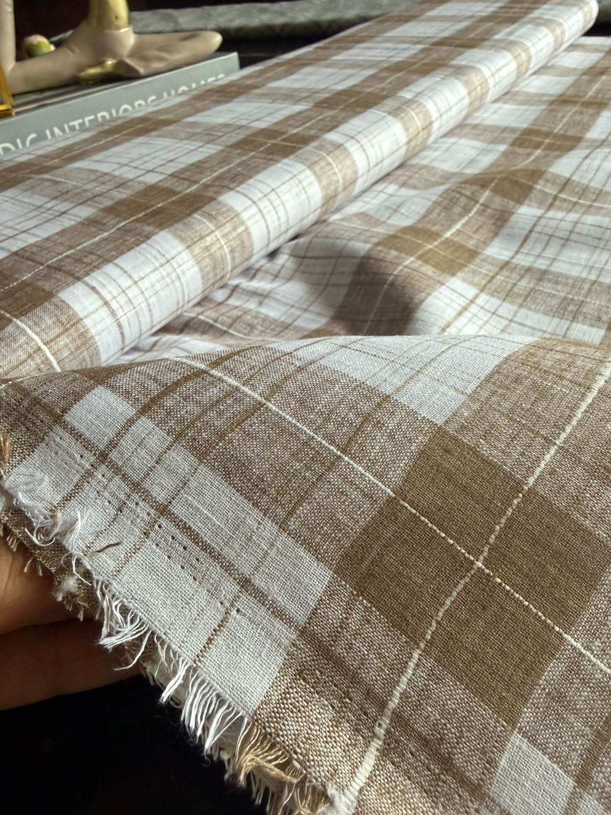 Earthy Browm & White plaid pattern premium cotton Linen fabric