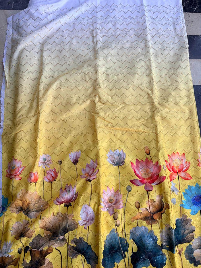 Lotus Flowers in pink Orange and Blue on Yellow base Digital print Big Width   Poly Fabric