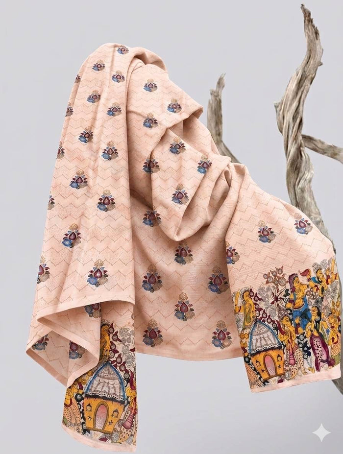 Festive Cultural on Peach base Digital print Big Width   Poly Fabric
