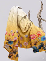 Lotus Flowers in pink Orange and Blue on Yellow base Digital print Big Width   Poly Fabric