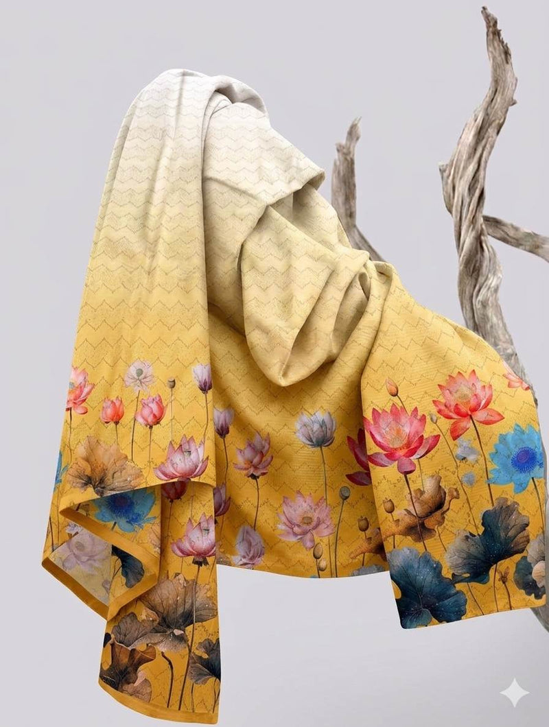 Lotus Flowers in pink Orange and Blue on Yellow base Digital print Big Width   Poly Fabric