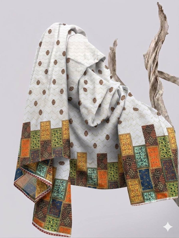 Patch Work Motifs on Peach base Digital print Big Width   Poly Fabric