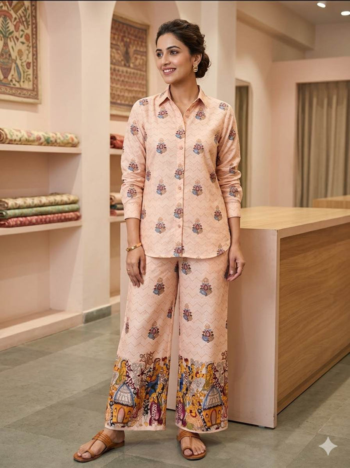 Festive Cultural on Peach base Digital print Big Width   Poly Fabric