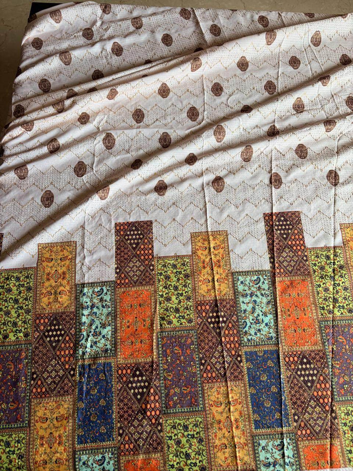 Patch Work Motifs on Peach base Digital print Big Width   Poly Fabric