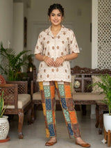 Patch Work Motifs on Peach base Digital print Big Width   Poly Fabric