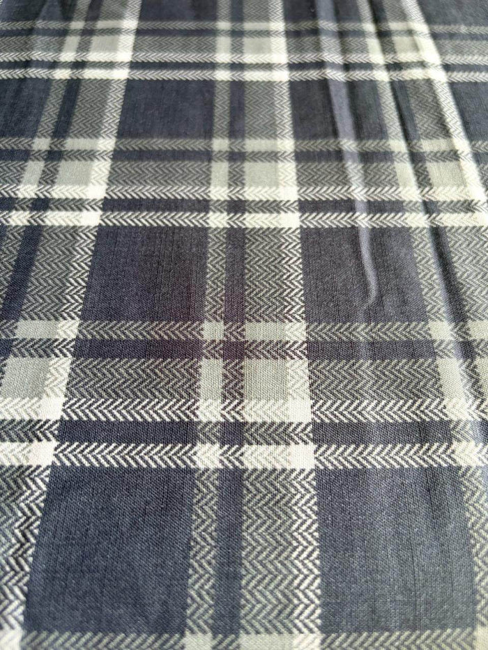 Multi-tonal plaid pattern in muted shades of Charcoal gray, Mid-tone grey, and crisp white cotton  Digital print Fabric
