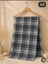 Multi-tonal plaid pattern in muted shades of Charcoal gray, Mid-tone grey, and crisp white cotton  Digital print Fabric