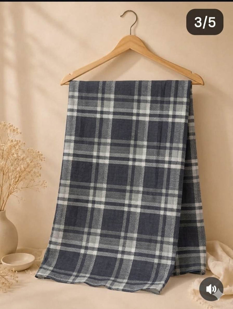 Multi-tonal plaid pattern in muted shades of Charcoal gray, Mid-tone grey, and crisp white cotton  Digital print Fabric