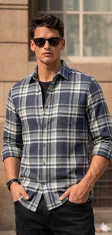Multi-tonal plaid pattern in muted shades of Charcoal gray, Mid-tone grey, and crisp white cotton  Digital print Fabric
