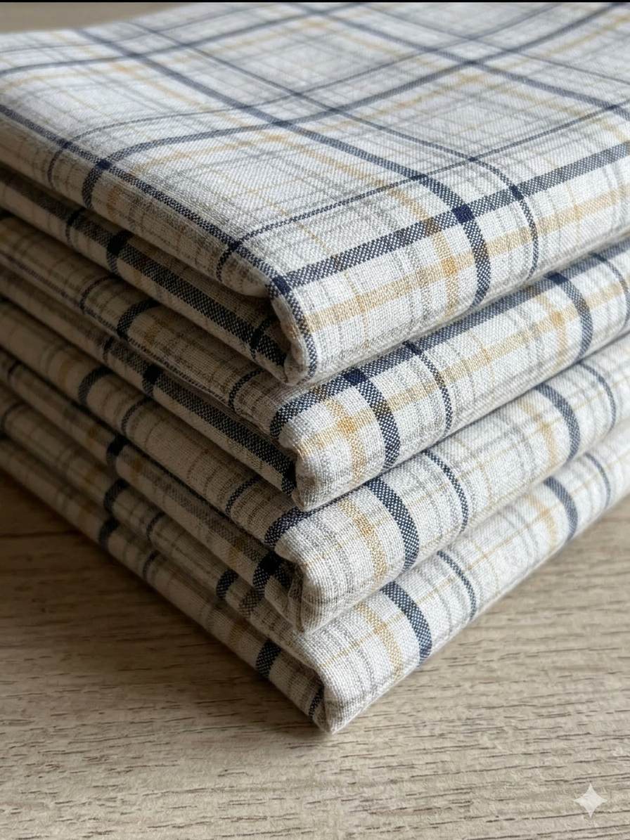 Deep Navy and warm mustard yellow lines set against a soft, neutral white base Shirting Fabric