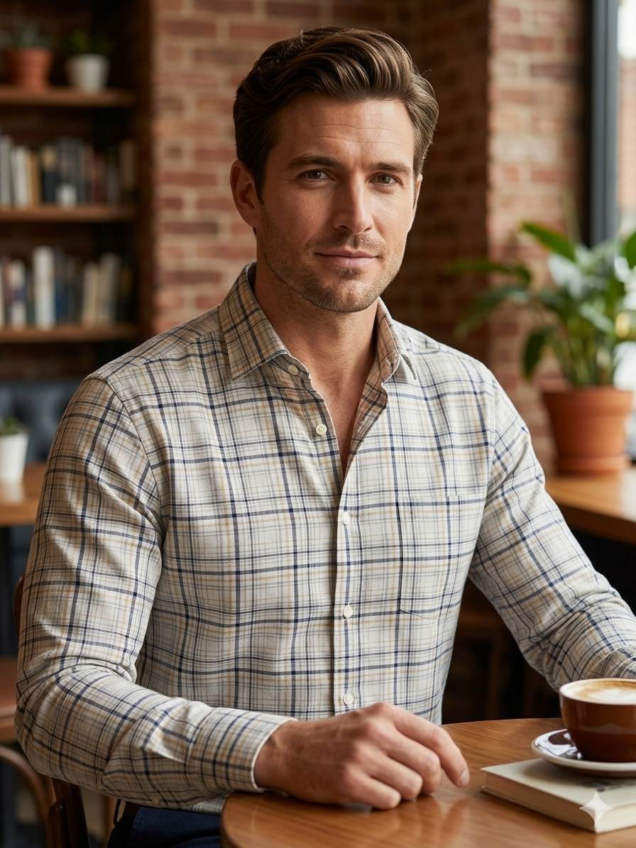 Deep Navy and warm mustard yellow lines set against a soft, neutral white base Shirting Fabric